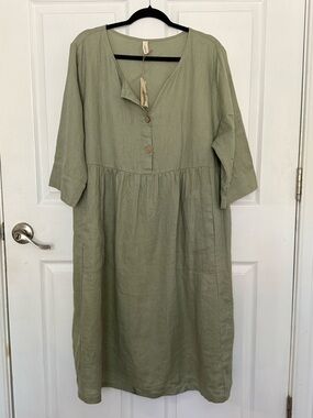Grae Cove 100% Linen Dress XXL Green Pockets Cottagecore Minimalist Midi NWT